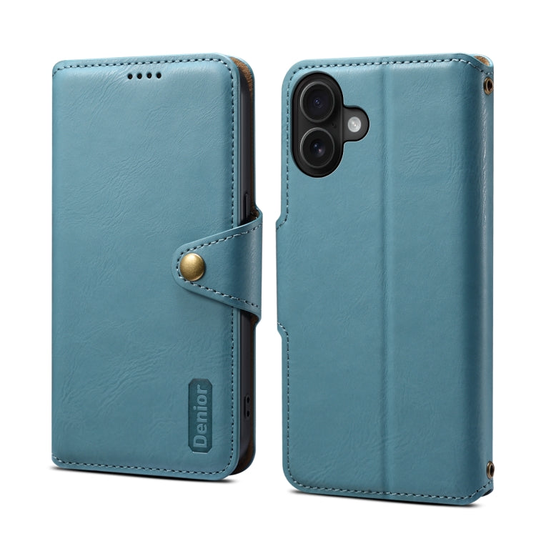 For iPhone 16 Plus Denior Cowhide Texture Wallet Style Leather Phone Case(Blue) - iPhone 16 Plus Cases by Denior | Online Shopping UK | buy2fix