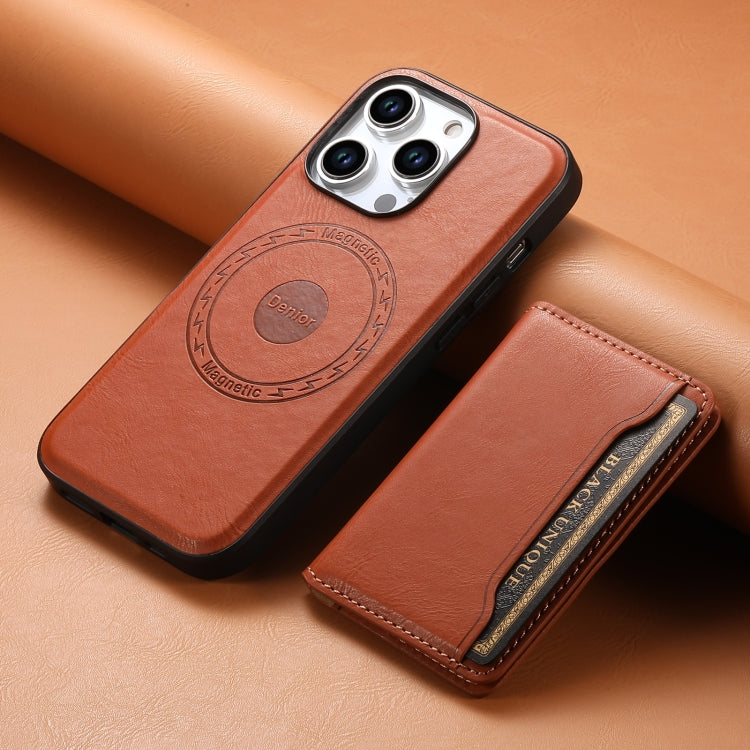 For iPhone 14 Pro Denior Cowhide Texture Leather MagSafe Detachable Wallet Phone Case(Brown) - iPhone 14 Pro Cases by Denior | Online Shopping UK | buy2fix