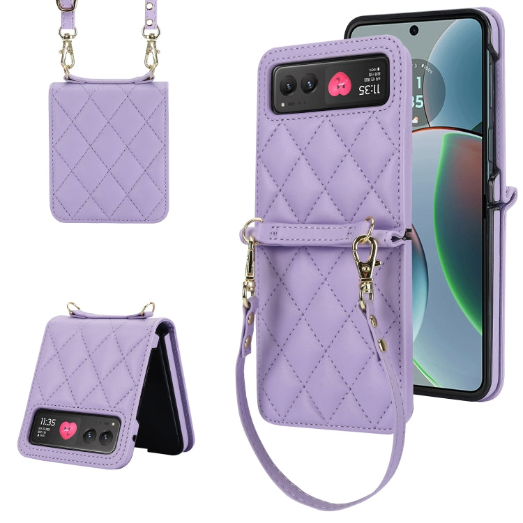 For Motorola Razr 40 Rhombic Texture Phone Case with Long & Short Lanyard(Light Purple) - Motorola Cases by buy2fix | Online Shopping UK | buy2fix