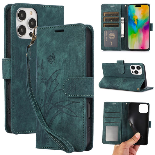 For iPhone 16 Pro Orchid Butterfly Embossed Leather Phone Case(Green) - iPhone 16 Pro Cases by buy2fix | Online Shopping UK | buy2fix