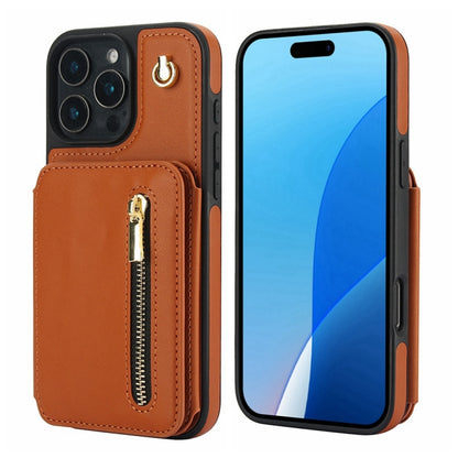 For iPhone 16 Pro YM006 Skin Feel Zipper Card Bag Phone Case with Dual Lanyard(Brown) - iPhone 16 Pro Cases by buy2fix | Online Shopping UK | buy2fix