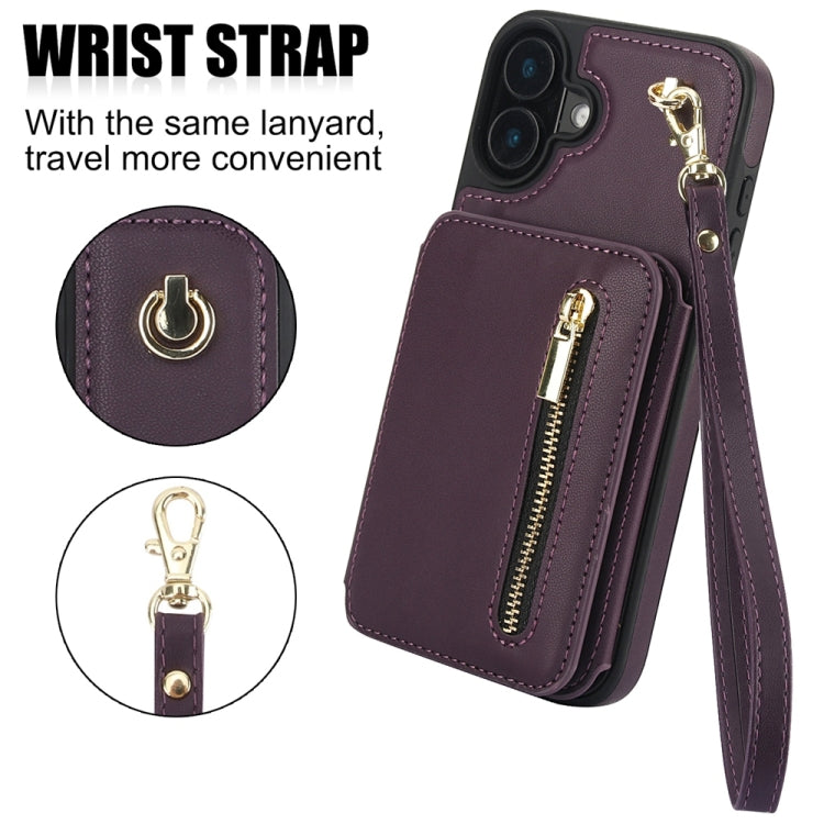 For iPhone 16 Plus YM006 Skin Feel Zipper Card Bag Phone Case with Dual Lanyard(Dark Purple) - iPhone 16 Plus Cases by buy2fix | Online Shopping UK | buy2fix