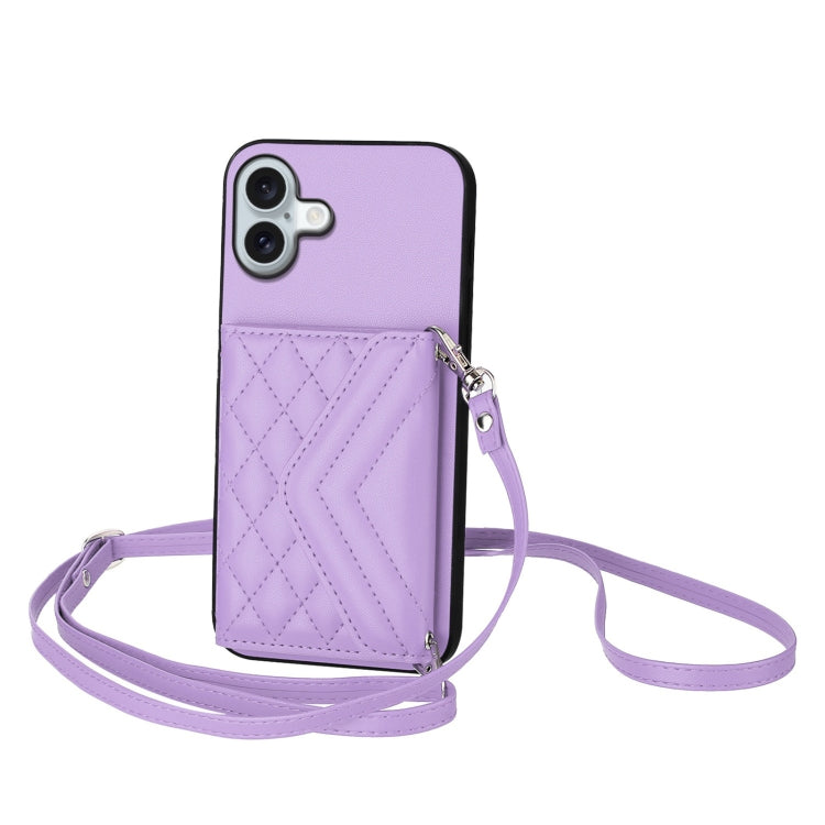 For iPhone 16 Plus Rhombic Texture Card Bag RFID Phone Case with Long Lanyard(Light Purple) - iPhone 16 Plus Cases by buy2fix | Online Shopping UK | buy2fix