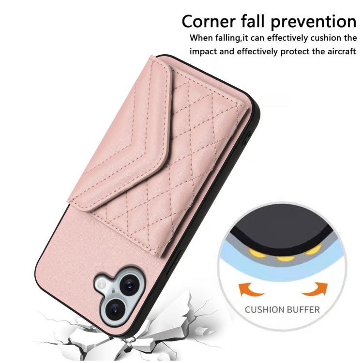 For iPhone 16 Plus Rhombic Texture Card Bag RFID Phone Case with Long Lanyard(Rose Gold) - iPhone 16 Plus Cases by buy2fix | Online Shopping UK | buy2fix