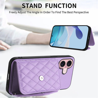 For iPhone 16 Rhombic Texture Card Bag RFID Phone Case with Long Lanyard(Light Purple) - iPhone 16 Cases by buy2fix | Online Shopping UK | buy2fix