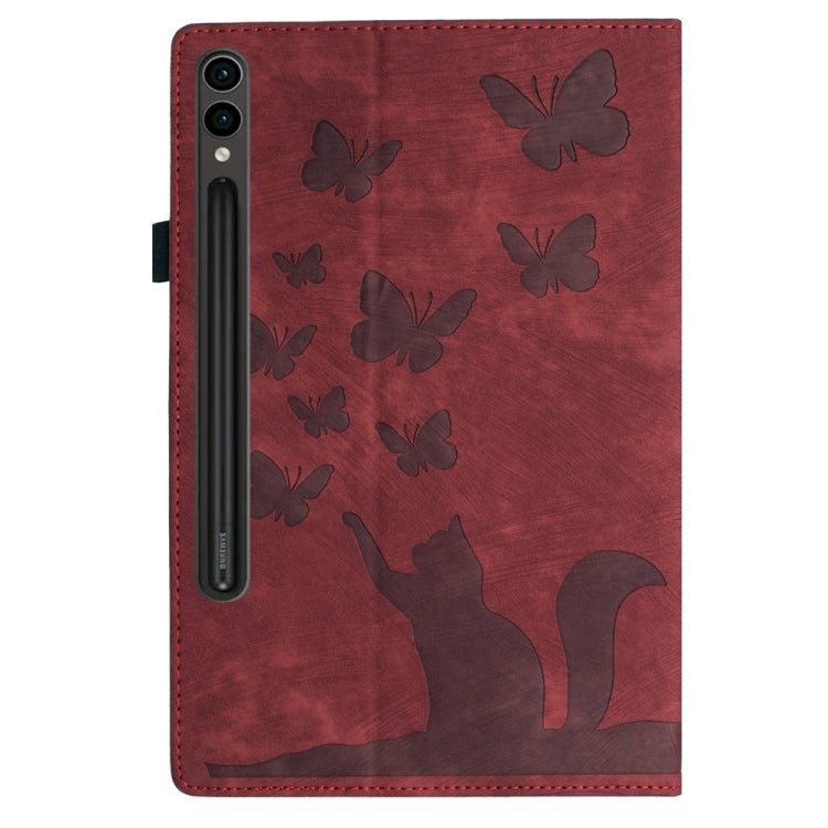 For Samsung Galaxy Tab S9 FE+ / S9+ / S8+ Butterfly Cat Embossing Leather Tablet Case(Red) - Galaxy Tab S9+ Cases by buy2fix | Online Shopping UK | buy2fix