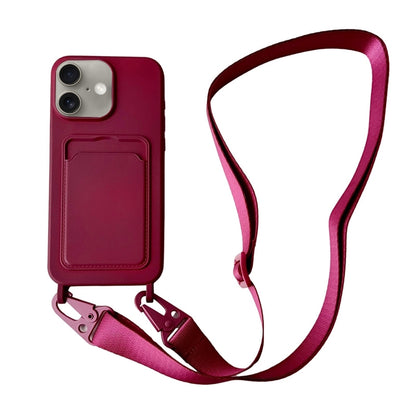 For iPhone 16 Plus Card Slot Liquid Silicone Phone Case with Lanyard(Wine Red) - iPhone 16 Plus Cases by buy2fix | Online Shopping UK | buy2fix