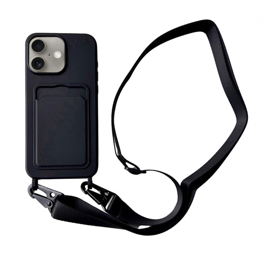 For iPhone 16 Card Slot Liquid Silicone Phone Case with Lanyard(Black) - iPhone 16 Cases by buy2fix | Online Shopping UK | buy2fix