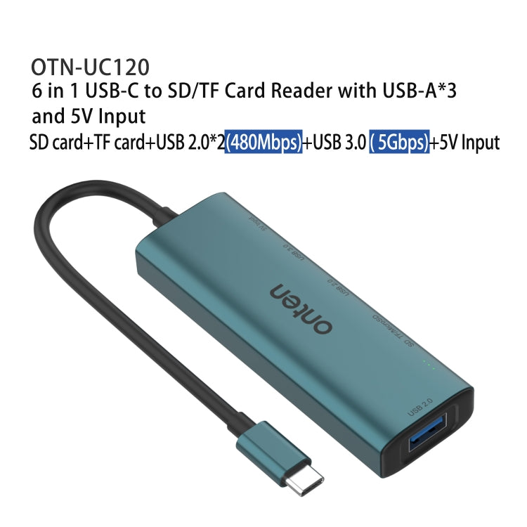 Onten UC120 6 in 1 USB-C to SD / TF Card Reader with 3-Ports USB HUB & 5V Input - USB HUB by Onten | Online Shopping UK | buy2fix