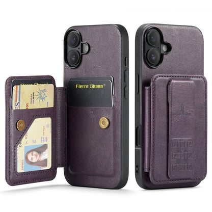 For iPhone 16 Plus Fierre Shann Oil Wax Cow Leather Card Holder Back Phone Case(Purple) - iPhone 16 Plus Cases by FIERRE SHANN | Online Shopping UK | buy2fix