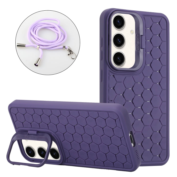 For Samsung Galaxy S24+ 5G Honeycomb Radiating Lens Holder Magsafe Phone Case with Lanyard(Purple) - Galaxy S24+ 5G Cases by buy2fix | Online Shopping UK | buy2fix