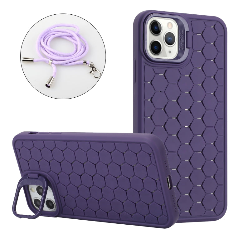 For iPhone 14 Pro Max Honeycomb Radiating Lens Holder Magsafe Phone Case with Lanyard(Purple) - iPhone 14 Pro Max Cases by buy2fix | Online Shopping UK | buy2fix