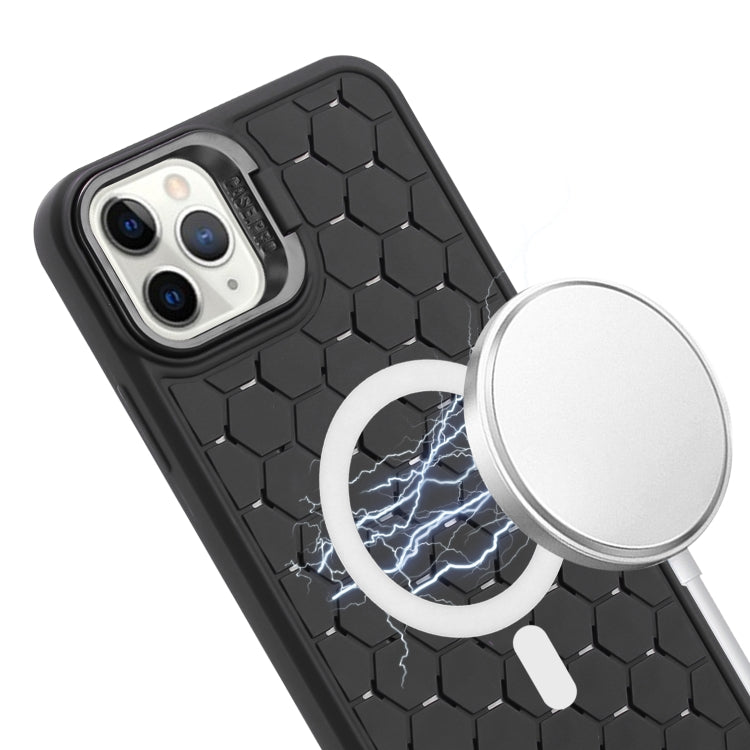 For iPhone 13 Pro Max Honeycomb Radiating Lens Holder Magsafe Phone Case with Lanyard(Black) - iPhone 13 Pro Max Cases by buy2fix | Online Shopping UK | buy2fix
