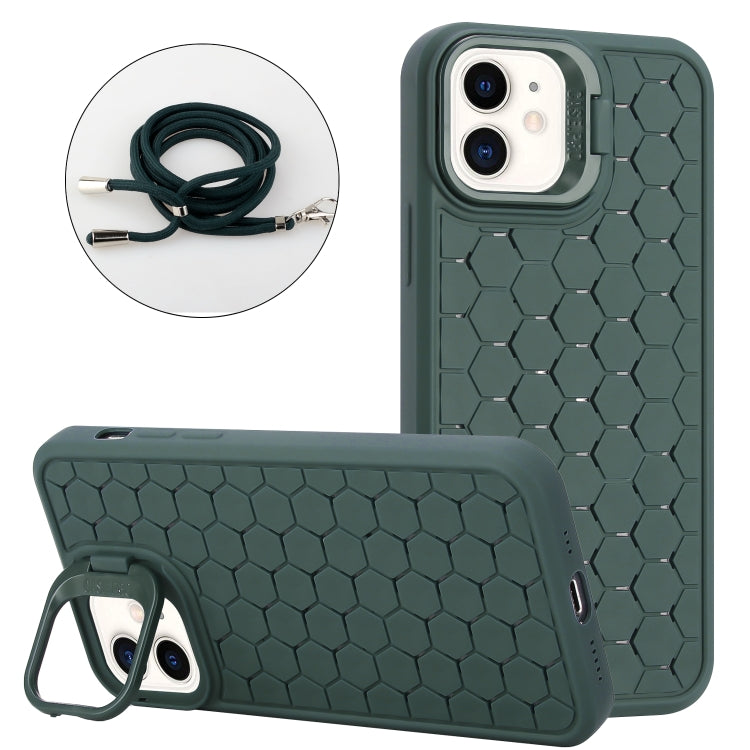 For iPhone 11 Honeycomb Radiating Lens Holder Magsafe Phone Case with Lanyard(Green) - iPhone 11 Cases by buy2fix | Online Shopping UK | buy2fix