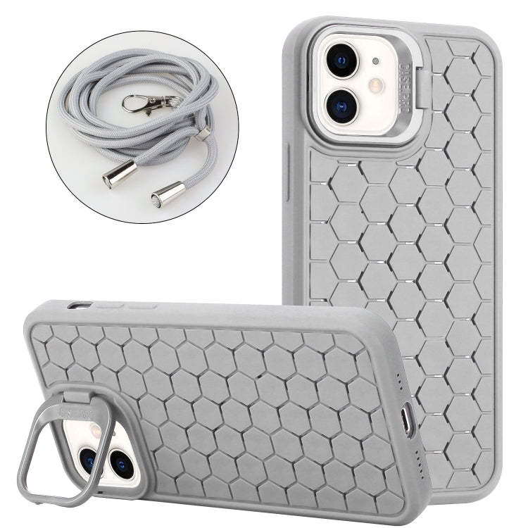 For iPhone 11 Honeycomb Radiating Lens Holder Magsafe Phone Case with Lanyard(Grey) - iPhone 11 Cases by buy2fix | Online Shopping UK | buy2fix