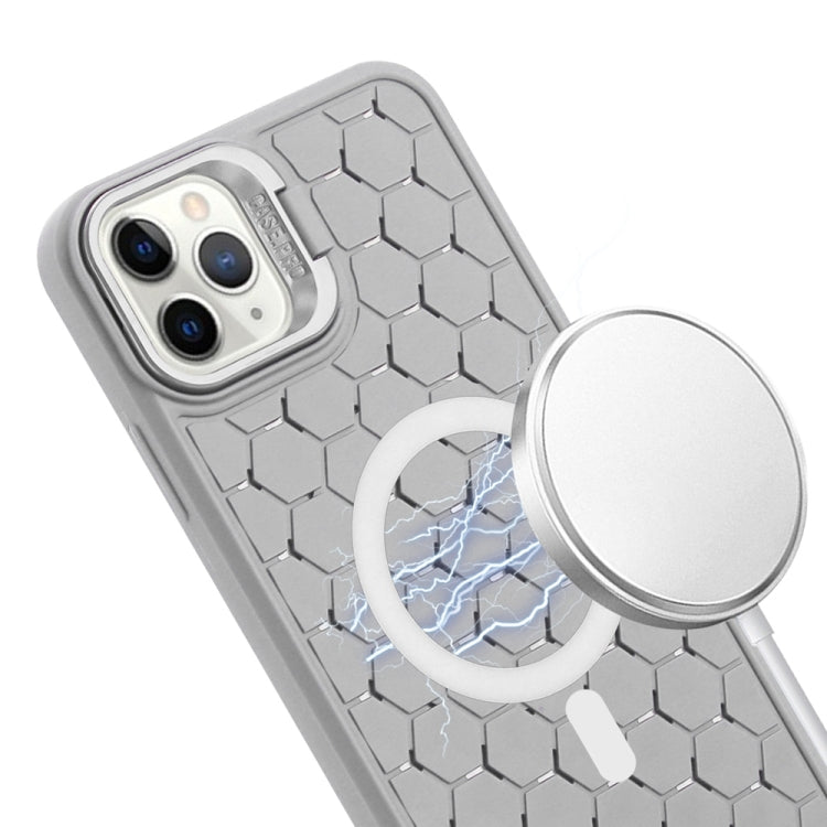 For iPhone 16 Pro Honeycomb Radiating Lens Holder Magsafe Phone Case with Lanyard(Grey) - iPhone 16 Pro Cases by buy2fix | Online Shopping UK | buy2fix