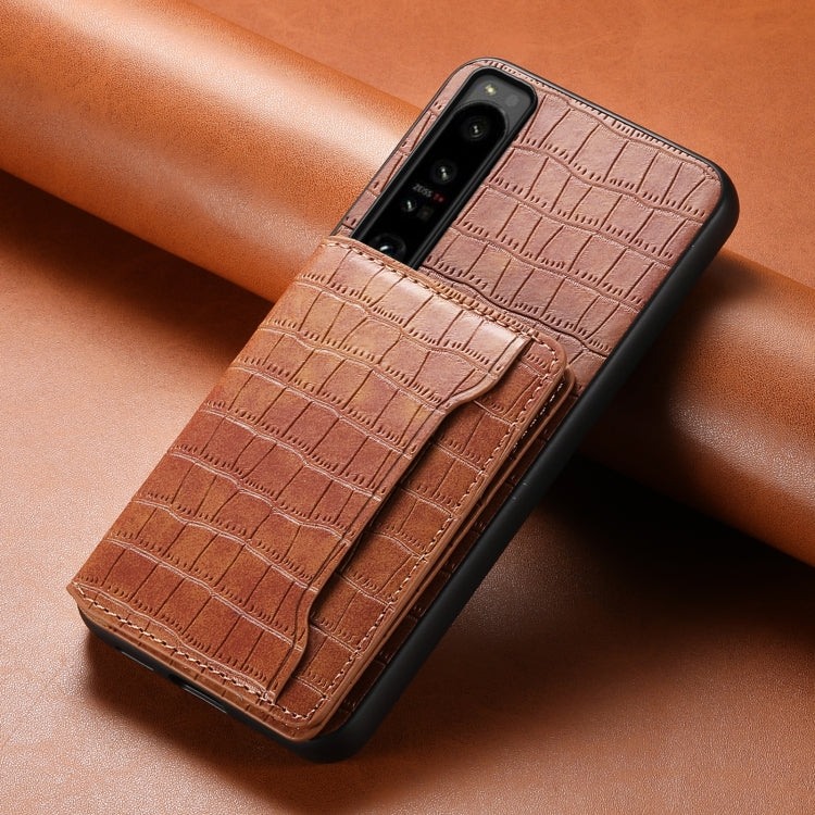 For Sony Xperia 1 IV Crocodile Texture Card Bag Design Full Coverage Phone Case(Brown) - Sony Cases by buy2fix | Online Shopping UK | buy2fix