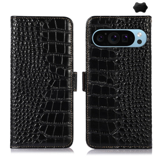 For Google Pixel 9 Crocodile Top Layer Cowhide Leather Phone Case(Black) - Google Cases by buy2fix | Online Shopping UK | buy2fix