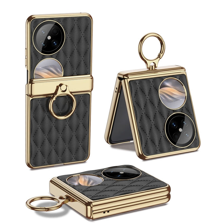 For Huawei Pocket 2 GKK Rhombus Pattern Electroplated Leather Phone Case with Ring(Black) - Huawei Cases by GKK | Online Shopping UK | buy2fix