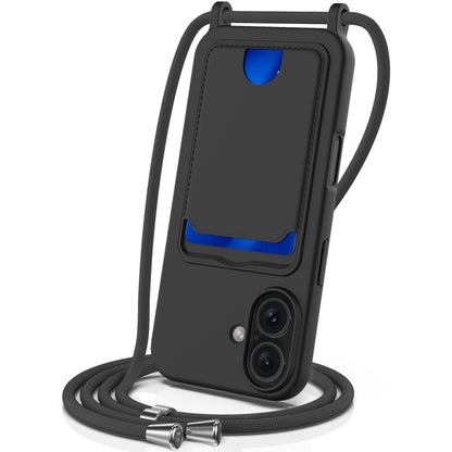 For iPhone 16 Integrated Card Bag Solid Color Liquid Silicone Phone Case with Lanyard(Black) - iPhone 16 Cases by buy2fix | Online Shopping UK | buy2fix