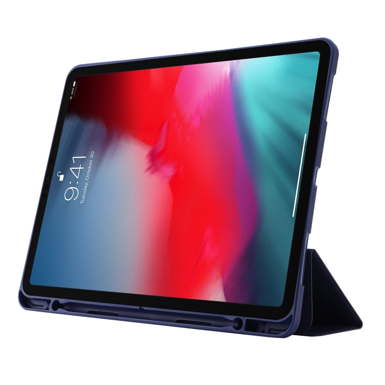 For iPad Pro 11 2024 Skin Feel Tri-fold Leather Tablet Case with Pen Slot(Dark Blue) - iPad Pro 11 2024 Cases by buy2fix | Online Shopping UK | buy2fix