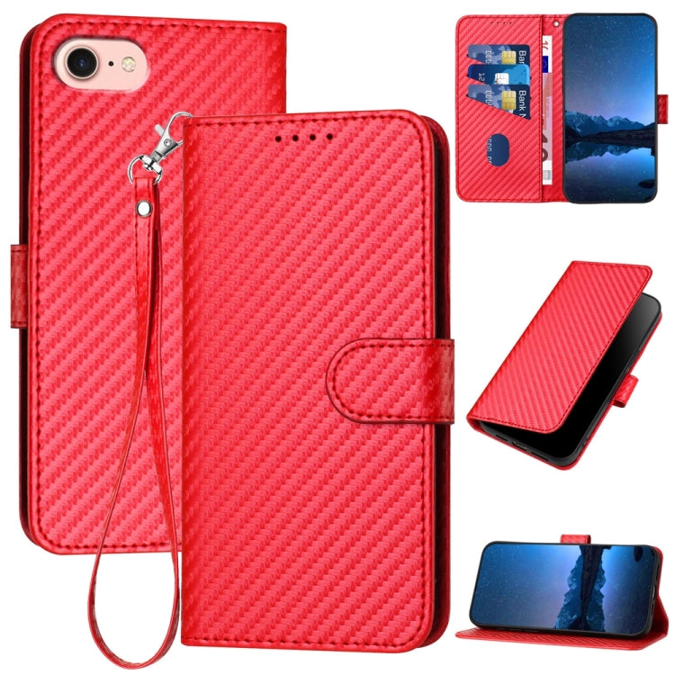 For iPhone SE 2024 YX0070 Carbon Fiber Buckle Leather Phone Case with Lanyard(Red) - More iPhone Cases by buy2fix | Online Shopping UK | buy2fix