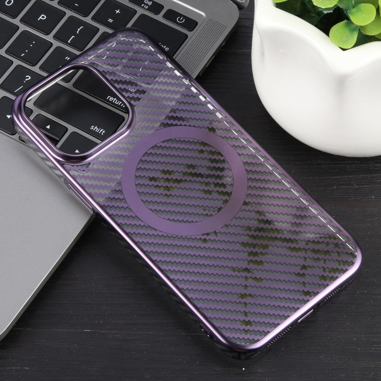 For iPhone 14 6D Plated Carbon Fiber Clear Magsafe PC Phone Case(Aurora Purple) - iPhone 14 Cases by buy2fix | Online Shopping UK | buy2fix