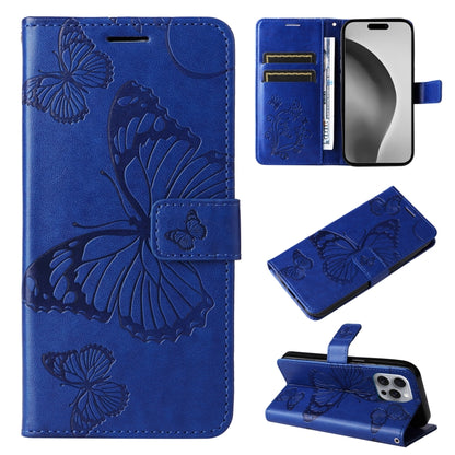 For iPhone 16 Pro Max 3D Butterfly Embossed Pattern Flip Leather Phone Case(Blue) - iPhone 16 Pro Cases by buy2fix | Online Shopping UK | buy2fix