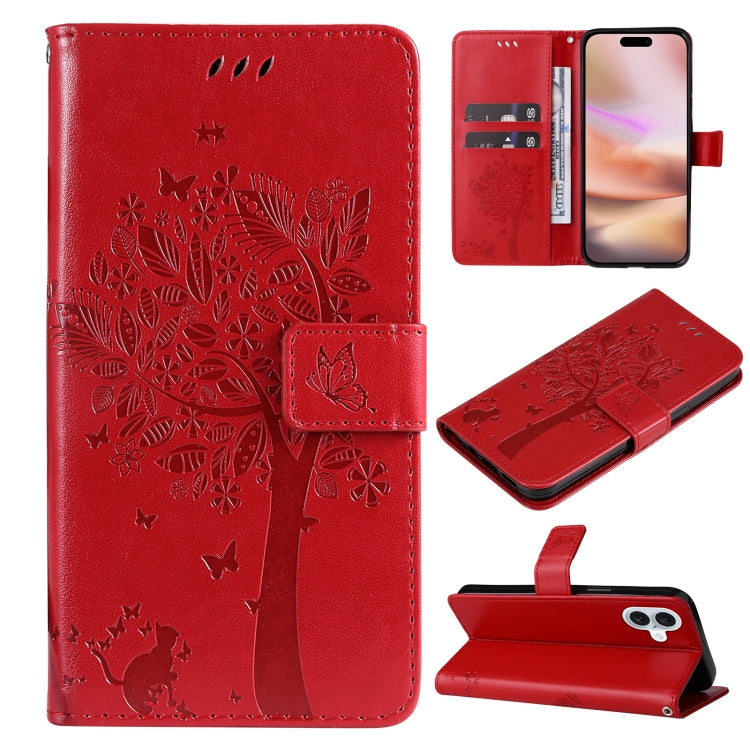 For iPhone 16 Plus Tree & Cat Embossed Pattern Flip Leather Phone Case(Red) - iPhone 16 Plus Cases by buy2fix | Online Shopping UK | buy2fix