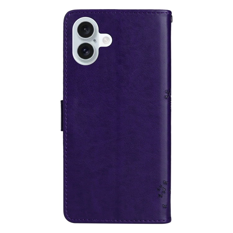 For iPhone 16 Plus Tree & Cat Embossed Pattern Flip Leather Phone Case(Purple) - iPhone 16 Plus Cases by buy2fix | Online Shopping UK | buy2fix