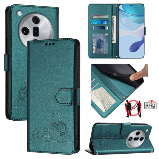For OPPO Find X7 Cat Rat Embossed Pattern RFID Leather Phone Case with Lanyard(Peacock Green) - Find X7 Cases by buy2fix | Online Shopping UK | buy2fix