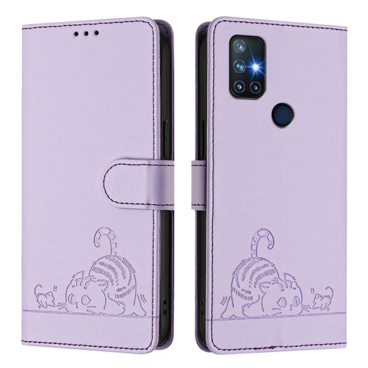 For OnePlus Nord N10 5G Cat Rat Embossed Pattern RFID Leather Phone Case with Lanyard(Purple) - OnePlus Cases by buy2fix | Online Shopping UK | buy2fix