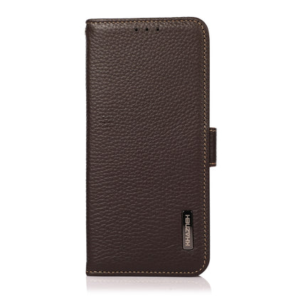 For iPhone 16 Plus KHAZNEH Side-Magnetic Litchi Genuine Leather RFID Case(Brown) - iPhone 16 Plus Cases by buy2fix | Online Shopping UK | buy2fix