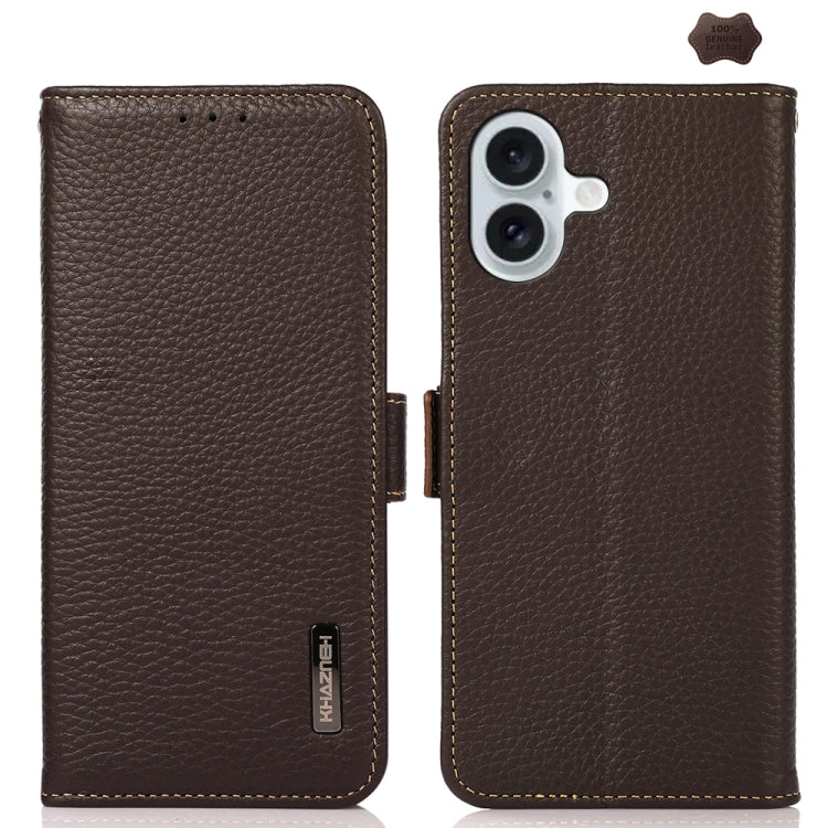 For iPhone 16 KHAZNEH Side-Magnetic Litchi Genuine Leather RFID Case(Brown) - iPhone 16 Cases by buy2fix | Online Shopping UK | buy2fix