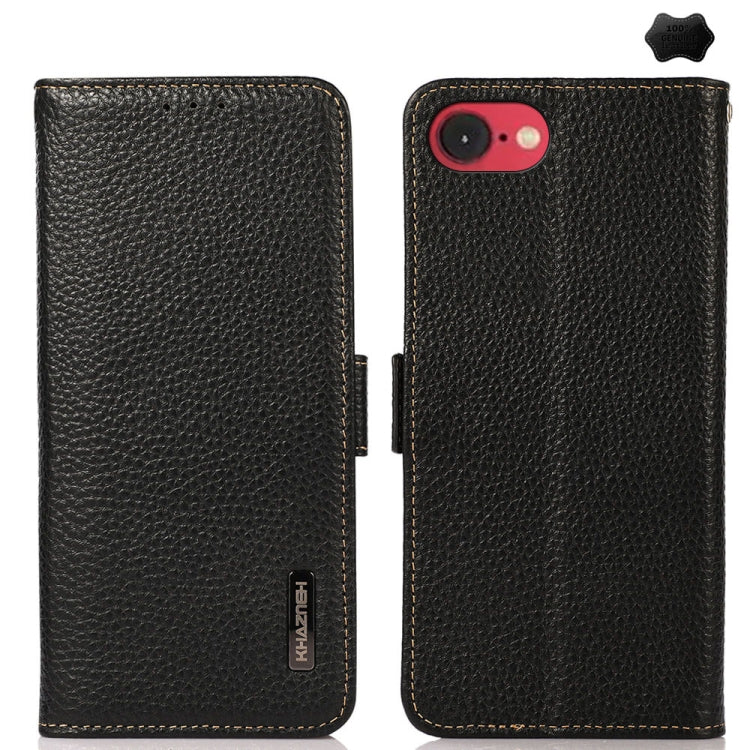 For iPhone SE 2024 KHAZNEH Side-Magnetic Litchi Genuine Leather RFID Case(Black) - More iPhone Cases by buy2fix | Online Shopping UK | buy2fix