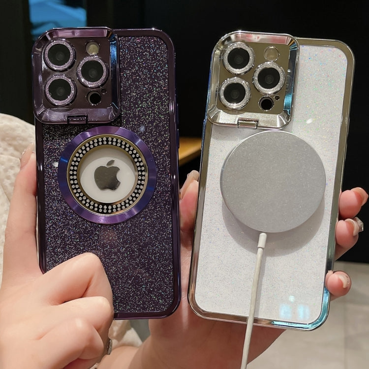 For iPhone 14 Pro Starry Glitter MagSafe Lens Holder Phone Case(Purple) - iPhone 14 Pro Cases by buy2fix | Online Shopping UK | buy2fix