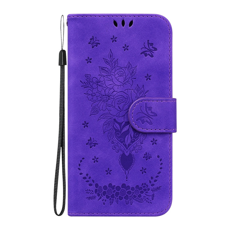 For iPhone 16 Butterfly Rose Embossed Leather Phone Case(Purple) - iPhone 16 Cases by buy2fix | Online Shopping UK | buy2fix