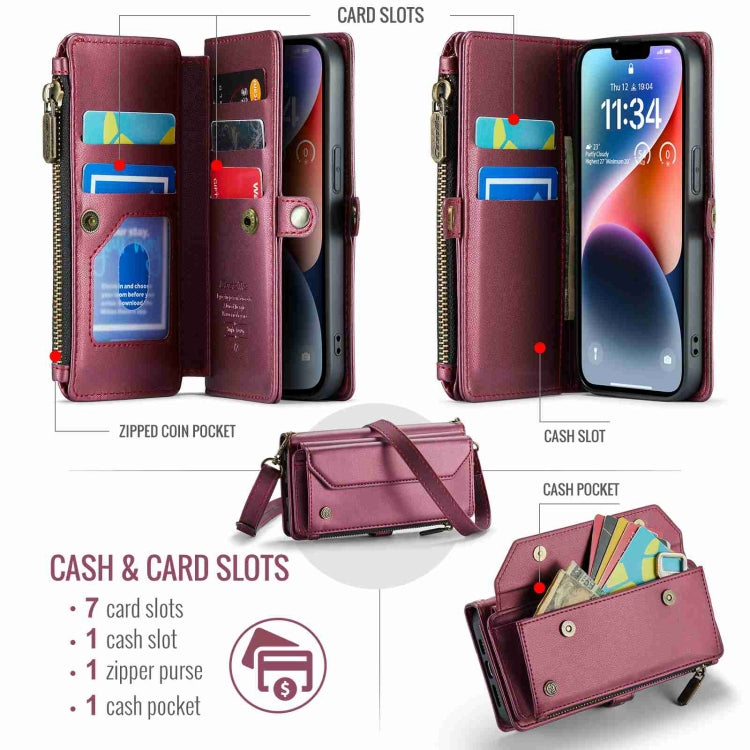 For iPhone 14 CaseMe C36 Card Slots Zipper Wallet RFID Anti-theft Leather Phone Case(Wine Red) - iPhone 14 Cases by CaseMe | Online Shopping UK | buy2fix