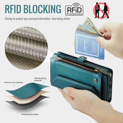 For iPhone 15 CaseMe C36 Card Slots Zipper Wallet RFID Anti-theft Leather Phone Case(Blue-green) - iPhone 15 Cases by CaseMe | Online Shopping UK | buy2fix