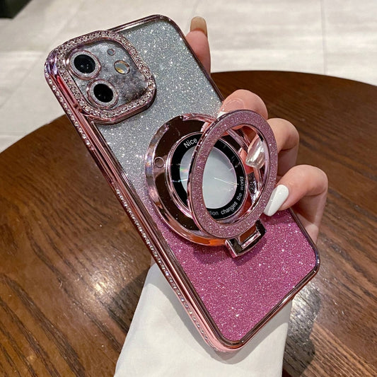 For iPhone 12 Gradient Glitter Diamond Plated Holder Magsafe Phone Case(Pink) - iPhone 12 / 12 Pro Cases by buy2fix | Online Shopping UK | buy2fix