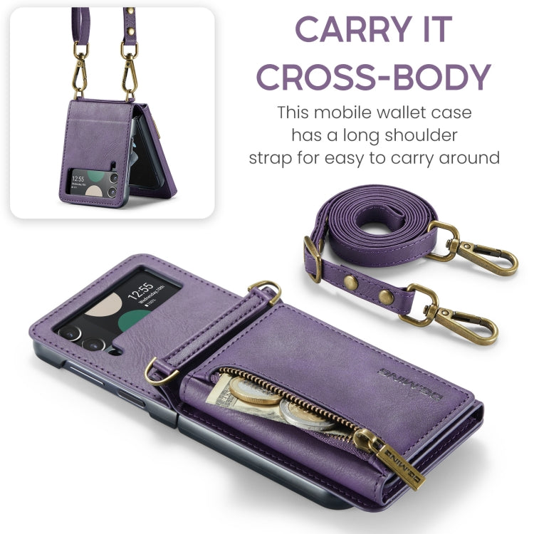 For Samsung Galaxy Z Flip4 5G DG.MING M5 Series Zip RFID Multi Card Detachable Leather Phone Case with Long Lanyard(Purple) - Galaxy Z Flip4 5G Cases by DG.MING | Online Shopping UK | buy2fix