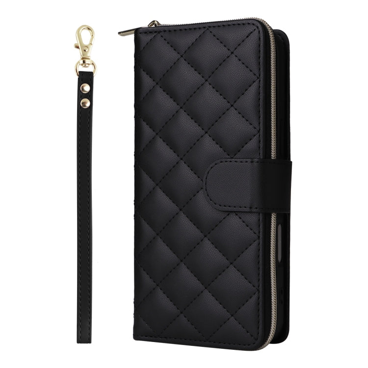 For iPhone 16 Crossbody Rhombic Zipper Tower Buckle Leather Phone Case with Lanyard(Black) - iPhone 16 Cases by buy2fix | Online Shopping UK | buy2fix