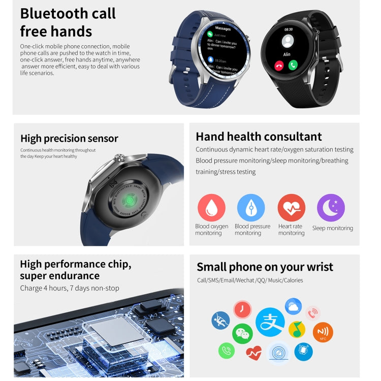 HD Watch X 1.43 inch IP68 BT5.3 Sport Smart Watch, Support Bluetooth Call / Sleep / Blood Oxygen / Heart Rate / Blood Pressure Health Monitor(Silver Steel + Blue Silicone Strap) - Smart Watches by buy2fix | Online Shopping UK | buy2fix