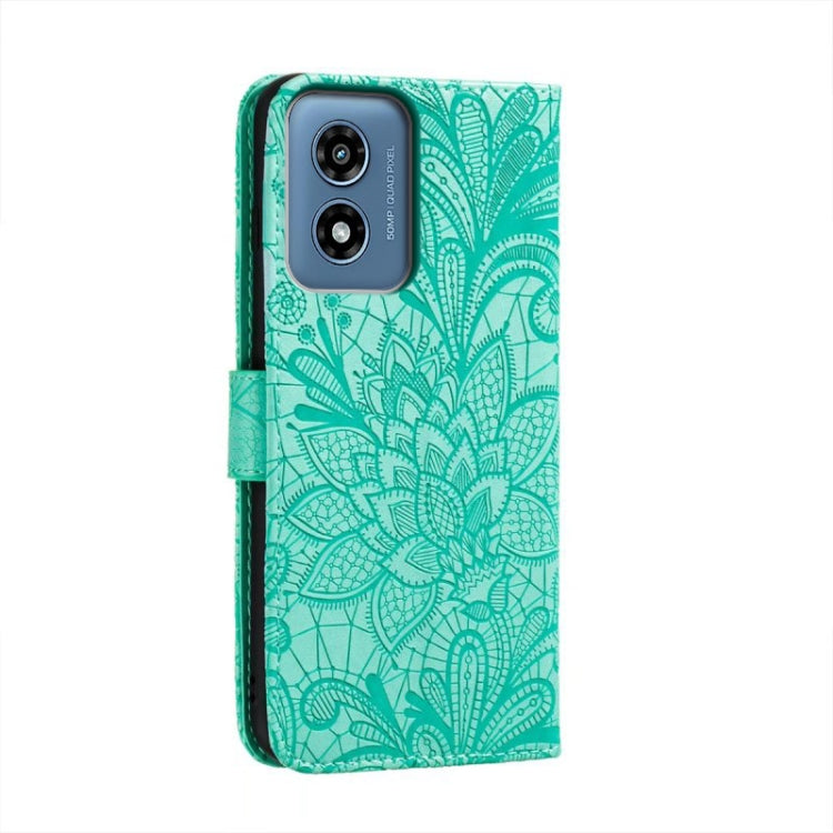 For Motorola Moto G Play 2024 Lace Flower Embossing Flip Leather Phone Case(Green) - Motorola Cases by buy2fix | Online Shopping UK | buy2fix