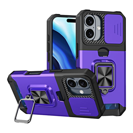 For iPhone 16 Plus Camera Shield Card Slot PC+TPU Phone Case(Purple) - iPhone 16 Plus Cases by buy2fix | Online Shopping UK | buy2fix