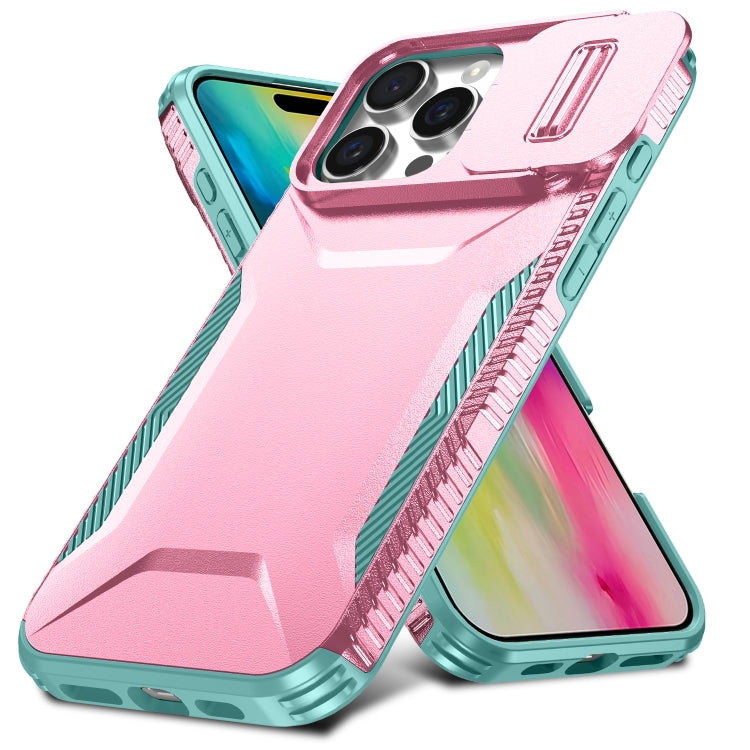 For iPhone 16 Pro Sliding Camshield Phone Case(Pink + Grey Green) - iPhone 16 Pro Cases by buy2fix | Online Shopping UK | buy2fix