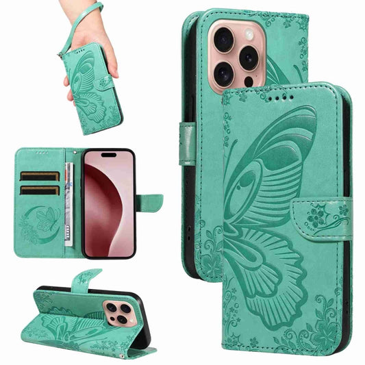 For iPhone 16 Pro Swallowtail Butterfly Embossed Leather Phone Case(Green) - iPhone 16 Pro Cases by buy2fix | Online Shopping UK | buy2fix