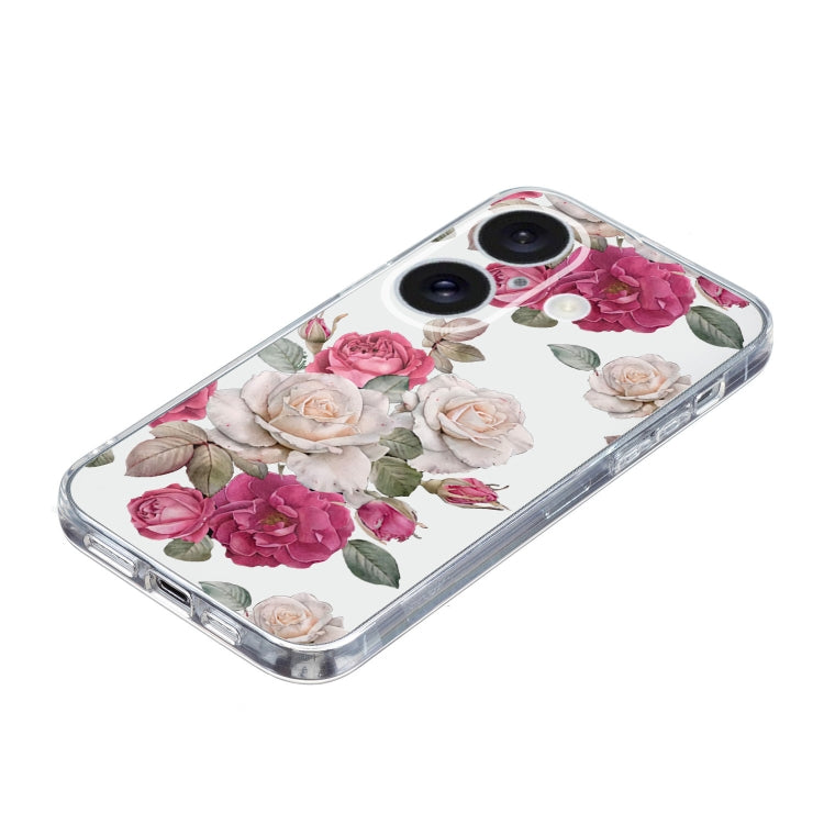 For iPhone 16 Colored Drawing Pattern Transparent TPU Phone Case(Peony) - iPhone 16 Cases by buy2fix | Online Shopping UK | buy2fix