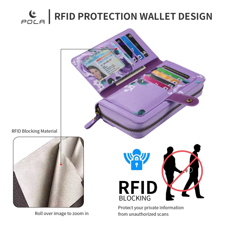 For iPhone 13 Pro Max POLA MagSafe Flower Multi-functional Zipper Wallet Leather Phone Case(Purple) - iPhone 13 Pro Max Cases by buy2fix | Online Shopping UK | buy2fix