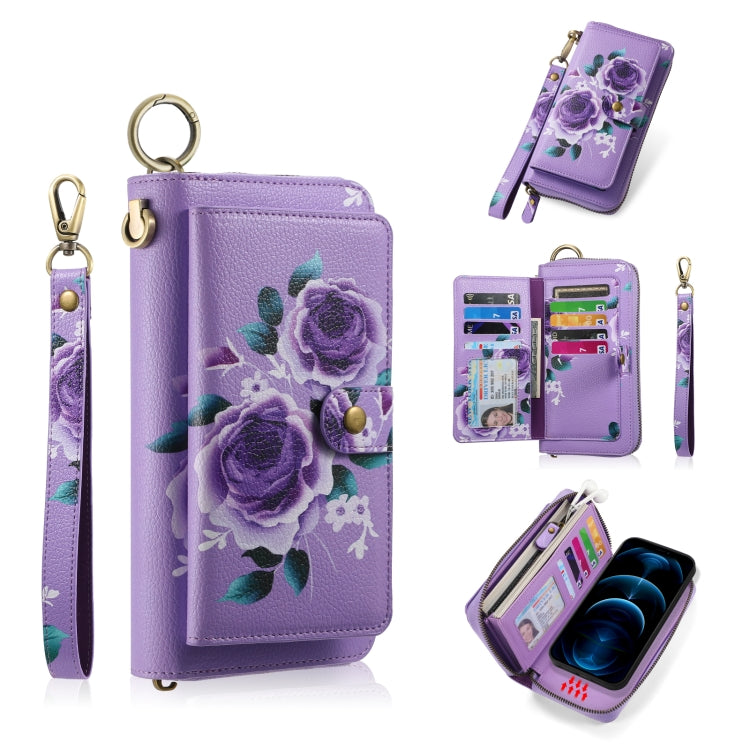 For iPhone 12 Pro Max POLA MagSafe Flower Multi-functional Zipper Wallet Leather Phone Case(Purple) - iPhone 12 Pro Max Cases by buy2fix | Online Shopping UK | buy2fix